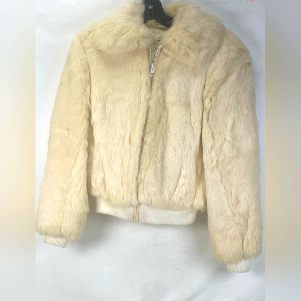 Made In Hong Kong France Vintage Cream White Natural Fur Jacket Coat M